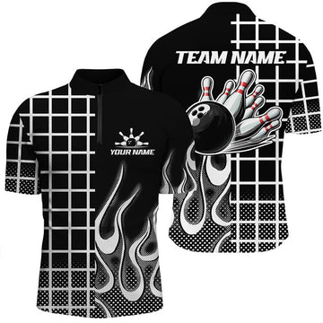 Custom Bowling And Pins Black And White Retro Customized Name, Team Name 3D Jersey Polo Shirt For Men