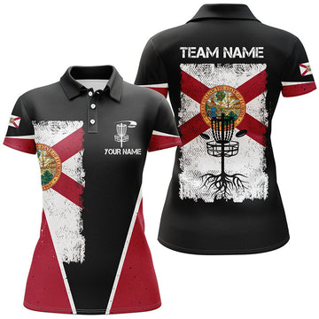 Custom Black Womens Disc Golf Polo Shirts Vintage Florida Flag Patriot Custom Frisbee Golf Shirt For Ladies