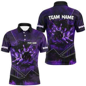 FUNSTUFFPRINT Purple grunge flame bowling ball pins Men Bowling Polo Shirt Size S-5XL