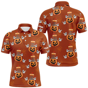 FUNSTUFFPRINT Funny Halloween Boo pumpkin Disc golf pattern Mens golf polo shirt custom Halloween mens golf Polo Shirt Size S-5XL
