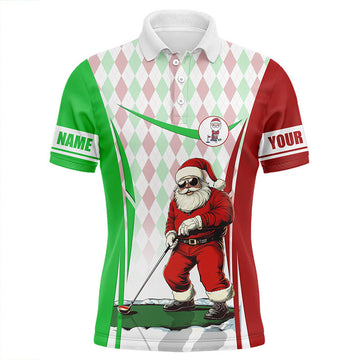 FUNSTUFFPRINT Red, White and Green Argyle pattern Christmas Mens golf polo shirt custom Santa playing golf tops , Polo Shirt Size S-5XL