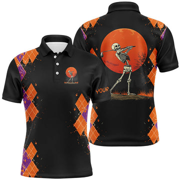 FUNSTUFFPRINT Funny Skull Halloween argyle pattern black Mens golf polo shirt custom Halloween golf clothes Polo Shirt Size S-5XL