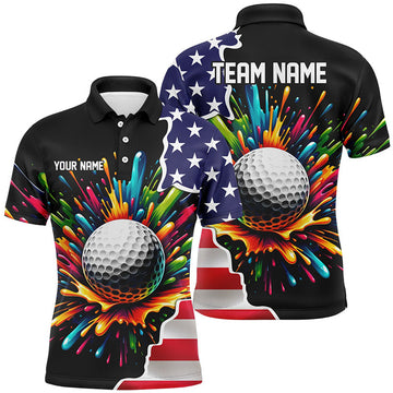 Custom American flag black Mens golf polo shirts custom colorful paint golf shirts, patriot golf tops for men