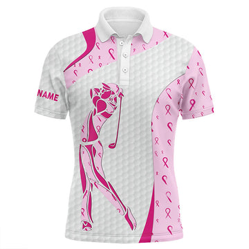 FUNSTUFFPRINT Personalized Pink Ribbon Pattern Cancer Awareness Polo Shirts For Mens, Custom Golf Polo Shirt Size S-5XL