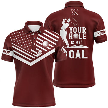 Custom Mens golf polo shirt white American flag custom your hole is my goal funny golf team shirt | Red