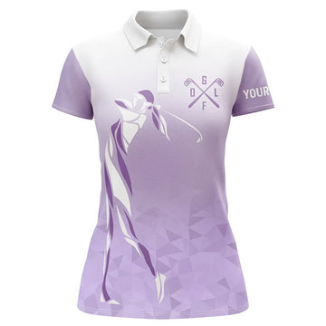 Custom Personalized purple and white Womens golf polo shirts, custom golf gifts for ladies