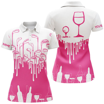 Custom White And Pink Womens Golf Shirt Golf & Wine Custom Name Womens Golf Polo Shirts