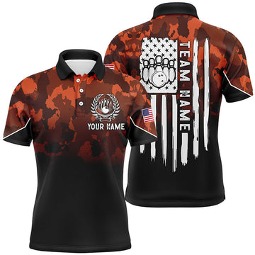 FUNSTUFFPRINT Mens bowling Polo, Custom Orange camo American flag patriotic bowling Polo Shirt Size S-5XL