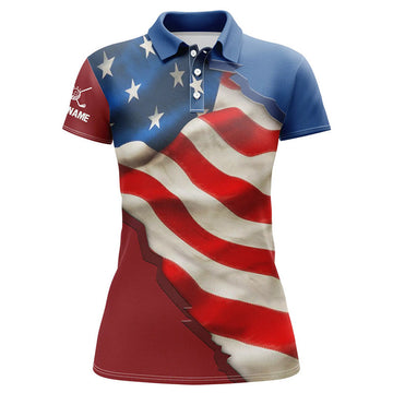 Custom Personalized Vintage American Flag Womens Golf Polo Shirts Custom Patriotic Golfing Gifts For Ladies