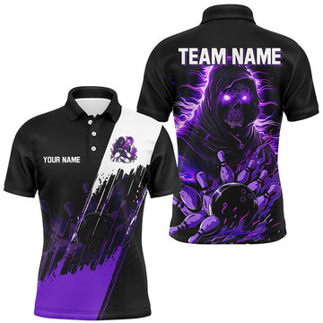 FUNSTUFFPRINT Black and Purple Skull reaper bowling Polo Shirt Size S-5XL