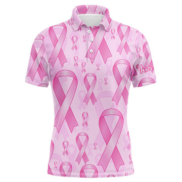 FUNSTUFFPRINT Pink Ribbons Cancer Awareness Background Mens Golf Polo Shirts, Custom Golf Outfits For Mens