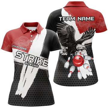 Custom Black And Red Eagle Strike Women Bowling Polo Custom Team Bowling League Jerseys