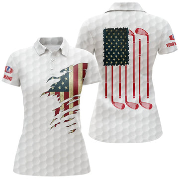 Custom Womens Golf Polo Shirts American Flag Patriot Custom Name Vintage Flag Golf Clubs Golf Shirt Women