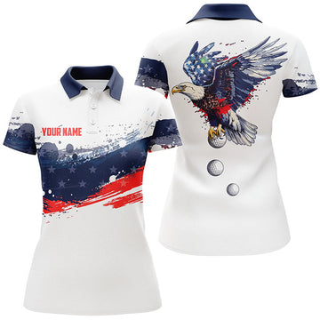 Custom Red, White And Blue American Flag Women Golf Polo Shirts Custom Eagle Golf Ball Team Ladies Golf Tops