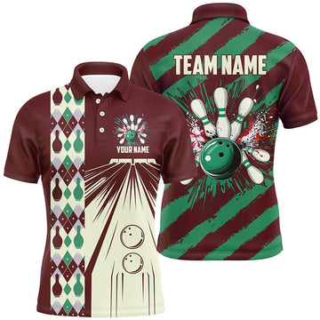 FUNSTUFFPRINT Personalized Red, White and Green Retro bowling Polo Shirt Size S-5XL