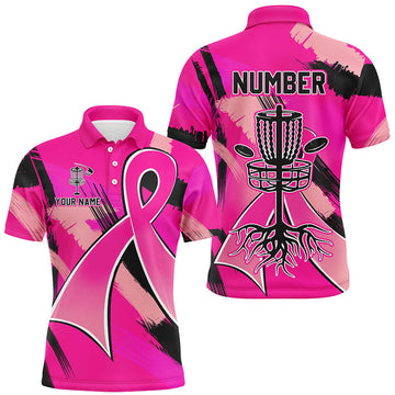 FUNSTUFFPRINT Pink Ribbons Cancer Mens Disc Golf Polo Shirt, Custom Team Cancer Frisbee Golf Polo Shirt Size S-5XL
