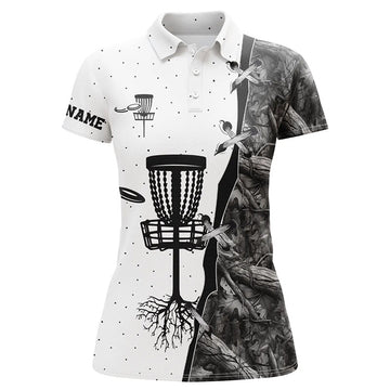 Custom Women Disc Golf Polo Shirt Black Camo Disc Golf Hole Custom Name Disc Golf Team Shirt, Disc Golf Gifts