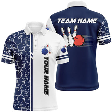 Custom Mens Polo Bowling Shirts Custom White And Blue Camo Vintage Bowling Shirts, Men Bowling Jerseys