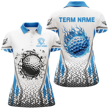 Custom Blue Flame Golf Ball Wall Break White Womens Golf Polo Shirts Custom Golf Attire For Women