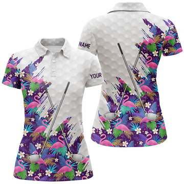 Custom Purple Flamingo Tropical Pattern Custom White Womens Golf Polo Shirts, Team Ladies Golf Tops