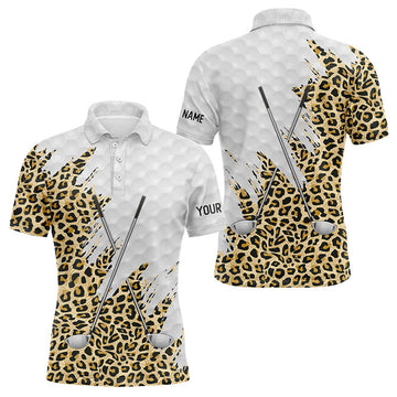 Custom Leopard skin pattern custom name white Mens golf polo shirts, team golf tops for men