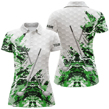 Custom Green Camo Pattern Custom White Womens Golf Polo Shirts, Team Ladies Golf Tops