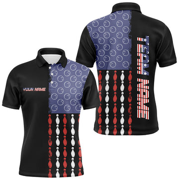 FUNSTUFFPRINT Vintage Retro American Flag Bowling Polo Shirt Size S-5XL