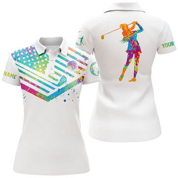 Custom Womens Golf Polo Shirt Watercolor American Flag Custom Name White Golf Shirt