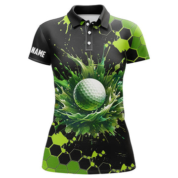 Custom Womens Golf Polo Shirts Custom Black And Green Watercolor Ladies Golf Tops, Gift For Golf Lovers