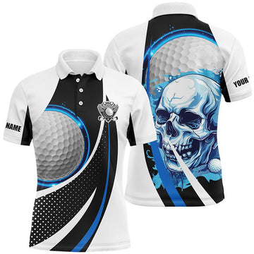 Custom Black and white Golf Skull Mens golf polo shirt custom golf attire for men, gifts for golfer | Blue