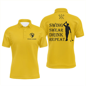 Custom Funny Mens golf polos shirt custom swing swear drink repeat, team golf shirts for Men | Yellow