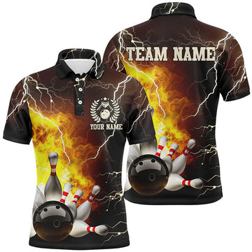 FUNSTUFFPRINT Mens Bowling polo shirts Custom flame lightning thunder Bowling Team Polo Shirt Size S-5XL