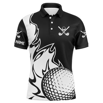 FUNSTUFFPRINT Black and White Flame Golf ball Fire Mens Golf Polo Shirt custom golf outfit for mens Polo Shirt Size S-5XL
