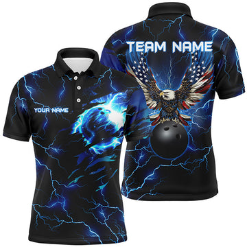 FUNSTUFFPRINT Blue lightning thunder bowling American flag Eagle custom Men Bowling Polo Shirt Size S-5XL