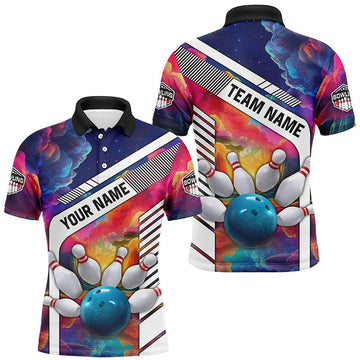 FUNSTUFFPRINT Colorful bowling Polo, Custom bowling ball and pins Team Bowling Polo Shirt Size S-5XL