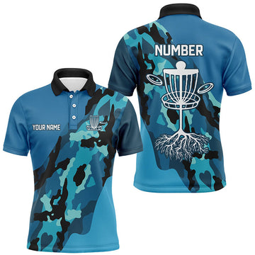 Custom Blue Camo Mens golf polo shirts custom name and number disc golf team jerseys, frisbee golf shirts