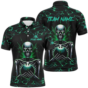 Custom Green Skull Lightning Bowling Polo Shirt For Men Custom Team Bowling Jerseys For Men, Gift For Bowlers