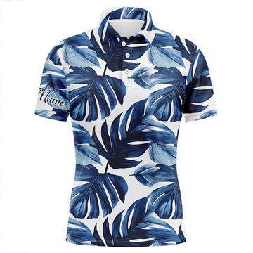 FUNSTUFFPRINT Mens golf polo shirts custom blue monstera leaf pattern golf tops for mens, gifts for the golfers Polo Shirt Size S-5XL