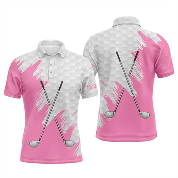 Custom White golf ball pattern custom name golf clubs Mens golf polo shirts, team golf tops for men | Pink