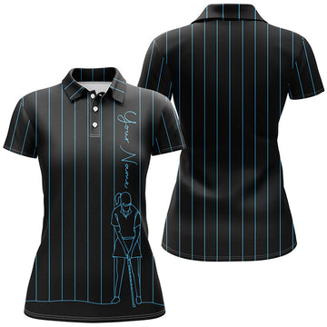 Custom Personalized Golf Polo Shirt For Women Custom Blue Stripes Black Golf Tops Womens, Golf Gift For Girl