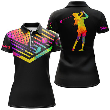 Custom Womens Golf Polo Shirt Watercolor American Flag Custom Name Black Golf Shirt