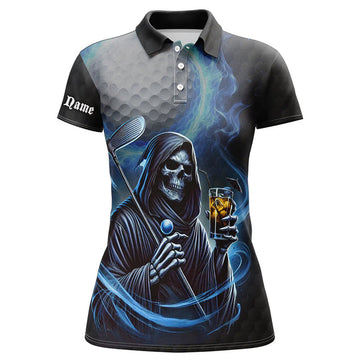 Custom Funny Blue Fire Reaper Golf Skull Custom Women Golf Polo Shirts, Personalized Funny Golf Gifts