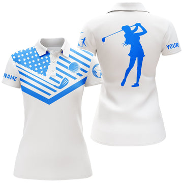 Custom Womens Golf Polo Shirt Blue American Flag Custom Name White Golf Shirt