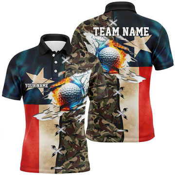 FUNSTUFFPRINT Texas flag camo Mens golf polo shirts custom fire water golf ball team golf Polo Shirt Size S-5XL
