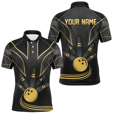 Personalized Men Bowling Polo Black And Gold Men Bowlers Custom Team Bowling Jersey