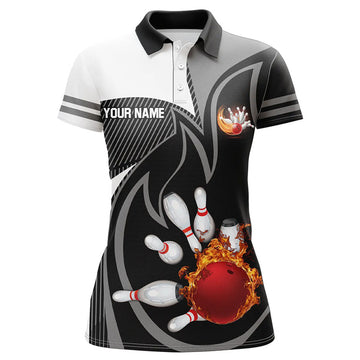 Custom Black and White Bowling polo Shirt for women Custom red flame team bowling ball and pins Jerseys