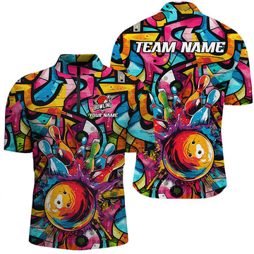Custom Bowling And Pins Colorful Graffiti Pattern Customized Name, Team Name 3D Jersey Shirt For Men