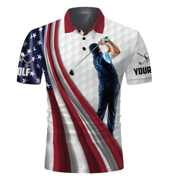 Custom Golf Men Polo Shirt - Custom Name White Golf American Flag 4th July Apparel - Personalized Sports Gift For Golf Lover, Male, Patriotic