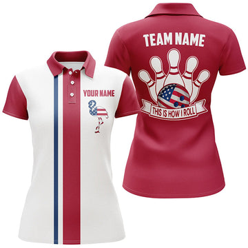 Custom Retro Bowling Polo Shirt For Women Custom Patriotic American Flag Flamingo Bowling Jerseys