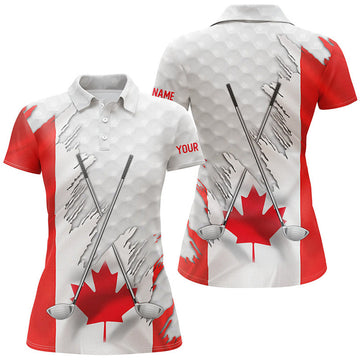 Custom Canadian Flag Golf Clubs Patriotic Custom White Womens Golf Polo Shirts, Team Ladies Golf Tops